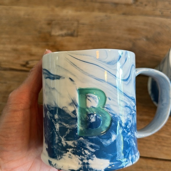 Two Anthropologie Marbled Monogram Coffee Tea Mug Blue White "B” Initial - Picture 3 of 6